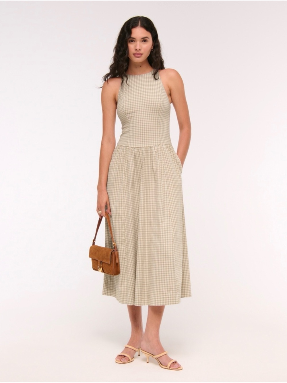 Abercrombie & Fitch Beige Gingham Midi Dress